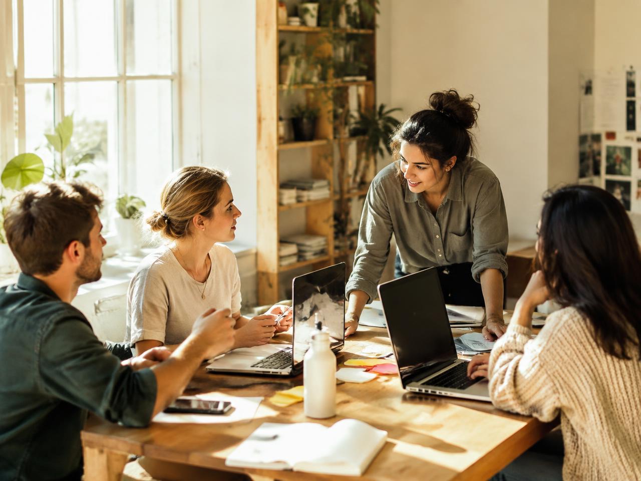 Stock photo: colleagues collaborating around a shared table with laptops