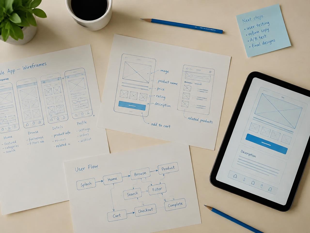 Stock photo: wireframe sketches and a tablet prototype on a desk