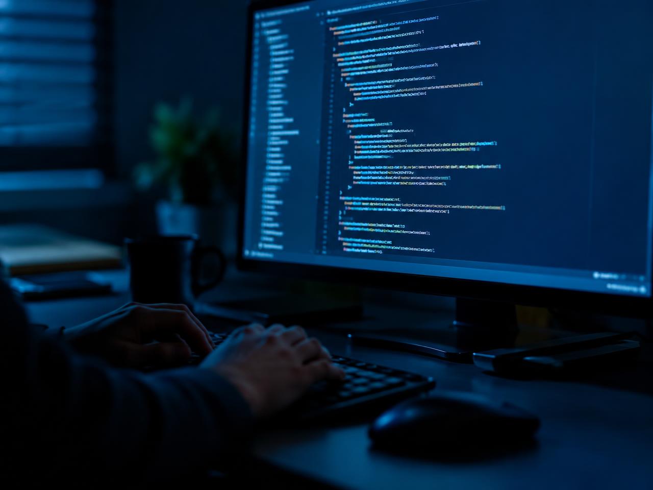 Stock photo: hands typing on a keyboard in front of a monitor showing source code