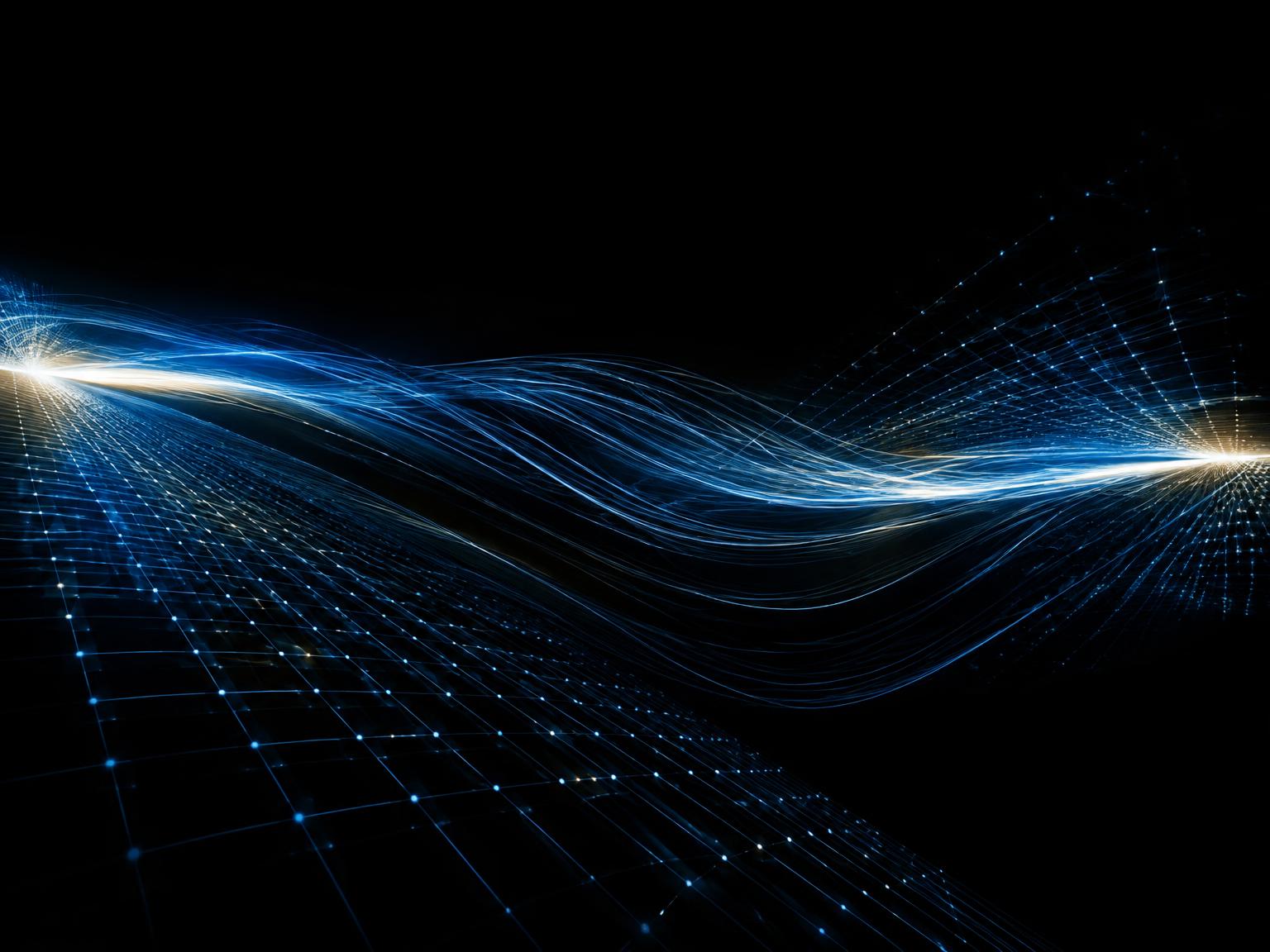 Abstract artwork of blue light lines across a digital grid